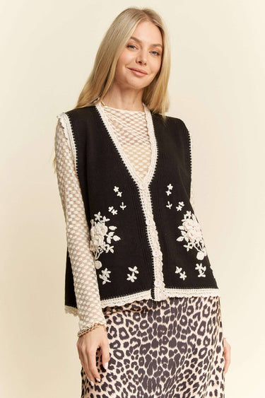 FLORAL EMBROIDERED LACE SWEATER KNIT VEST TOP